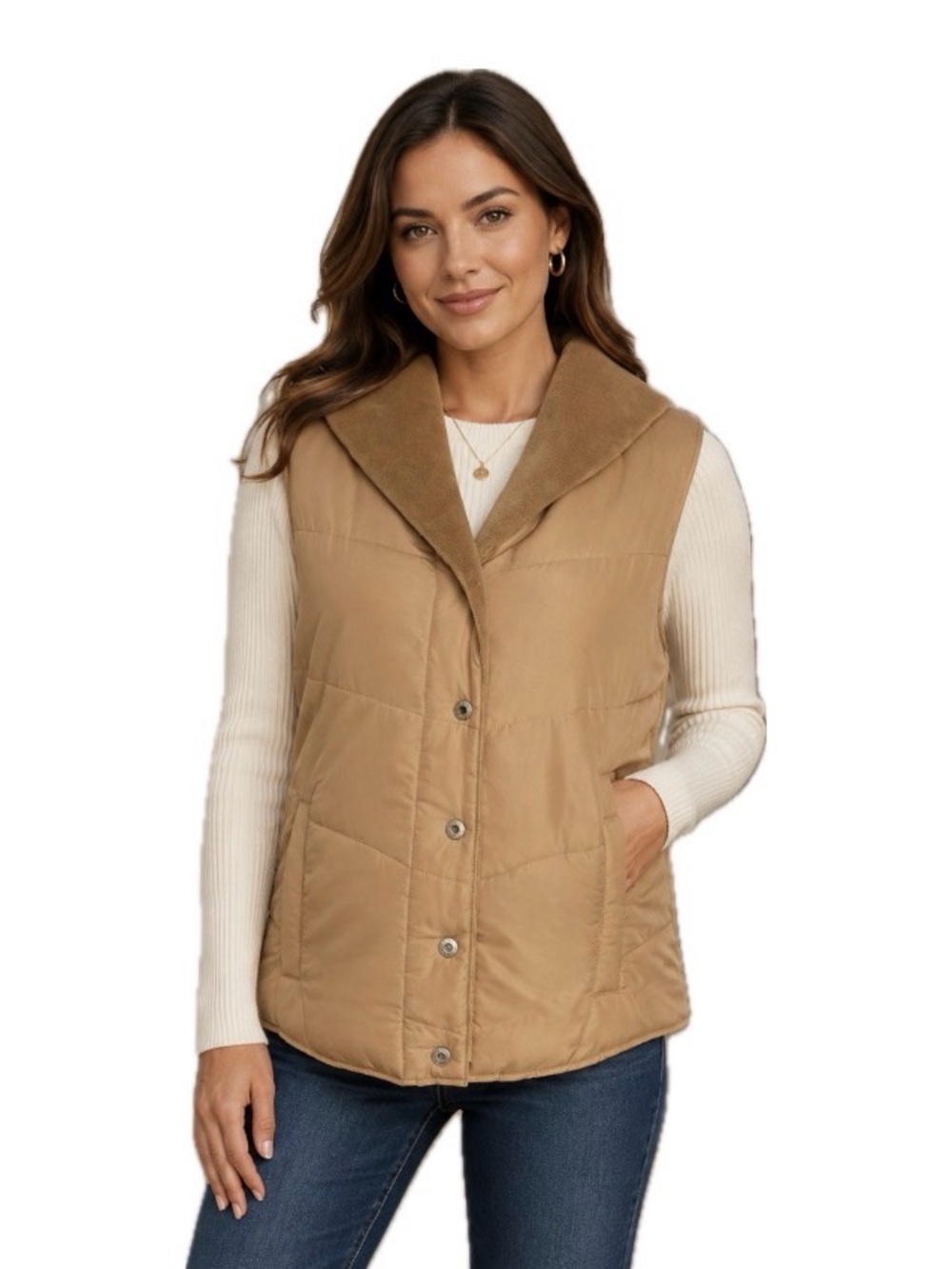 Lee City Elements, Women’s Gold Beige Quilted Vest Velour Collar,  Size Small